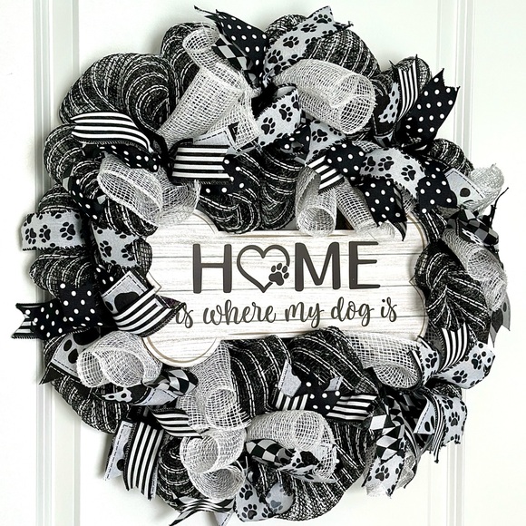 Home Is Where My Dog Is Handmade Wreath Black & White Dog Paw Door Decor 24” - Picture 3 of 6